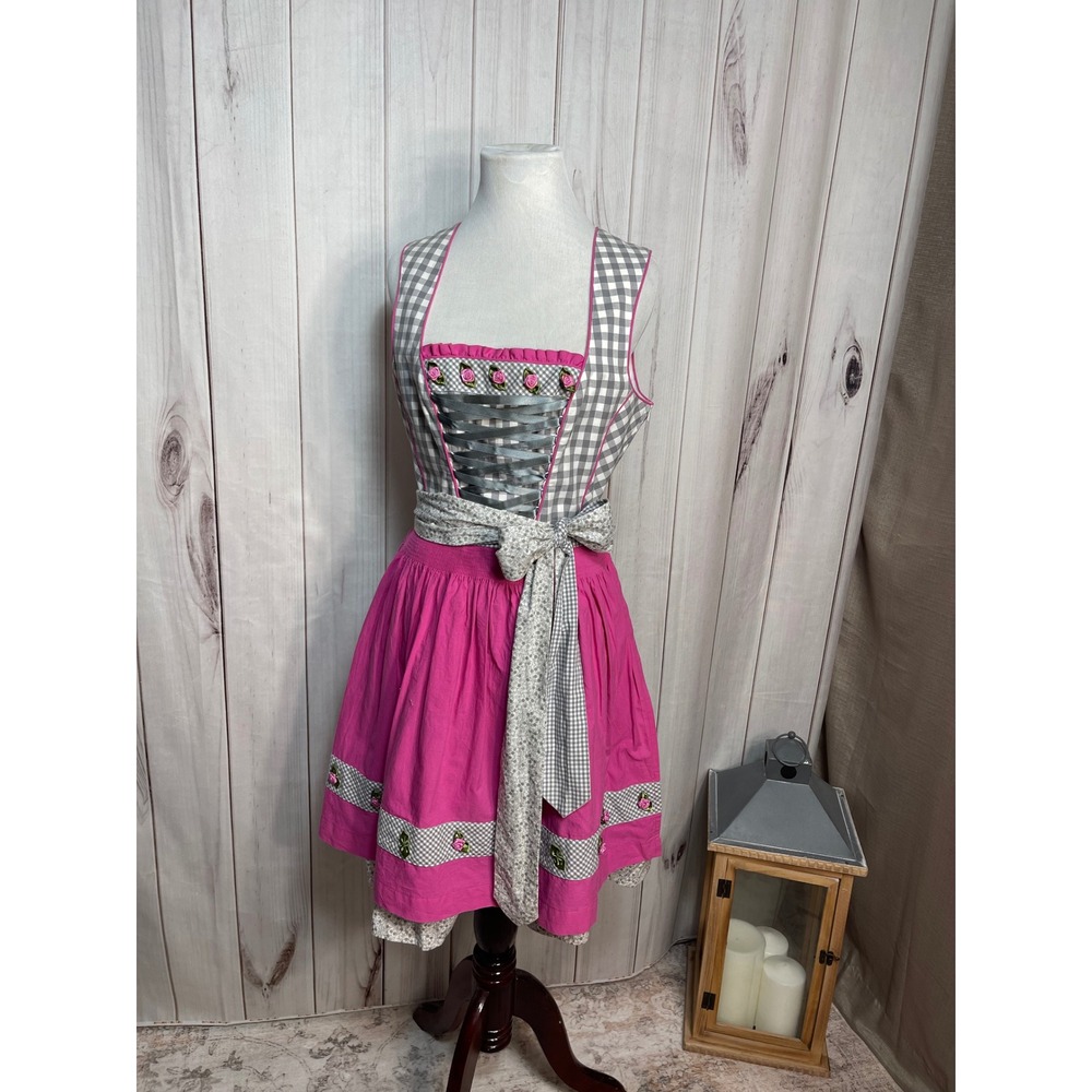 Country Line Authentic Oktoberfest Dirndl Tracht Pink Grey Gingham Size EU 38